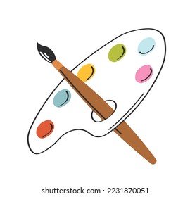 Palette with tassel icon. Supplies for artist and creative person. Development of skills in children, drawing lessons. Sticker for social networks and messengers. Cartoon flat vector illustration