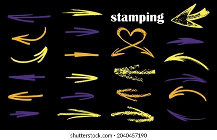 Palette of various arrows. Arrows for manicure. Doodle writing design shape.  arrow vertical line set isolated on dark.