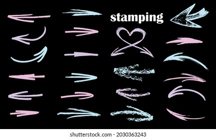 Palette of various arrows. Arrows for manicure. Vector collection on black background. arrow vertical line set isolated on dark.