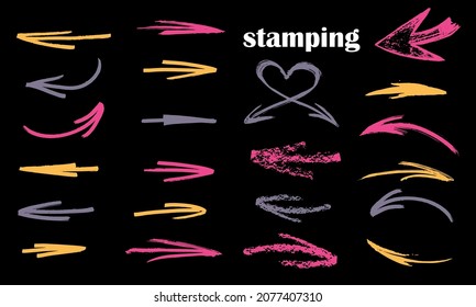 Palette of various arrows. Arrows for manicure. Vector collection on black background. arrow vertical line set isolated on dark.