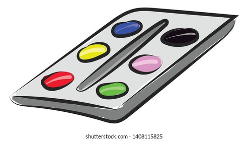A palette of water colors with different colors inside, vector, color drawing or illustration. 