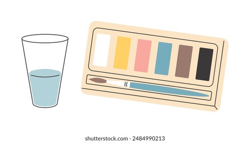 Pinturas de acuarela de paleta y vidrio para acuarelas. Artículos de dibujo para niños. Paquete de acuarela con pincel en caja. Conjunto de pinturas de acuarela brillante. Colorea pigmentos con pincel. Vector.