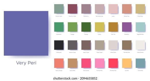 Palettes with the color of 2022 are Very Peri. Sample color guide palette catalog of swatches Matching shades for fashion trends - Balancing, Healing Spring, Star of the Show, Entertainment. Vector.