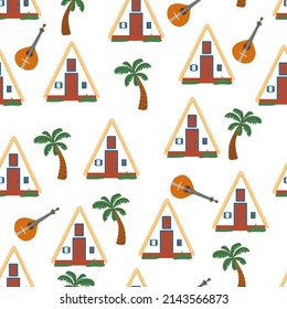 Palheiro seamless pattern. Portuguese traditional house. Triangular white house in Santana village in the east of Madeira island