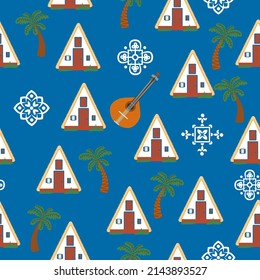 Palheiro seamless pattern. Portuguese traditional house. Triangular white house in Santana village in the east of Madeira island