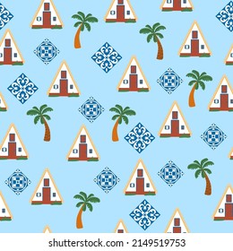 Palheiro seamless pattern. Portuguese traditional house. Triangular white house in Santana village in the east of Madeira island