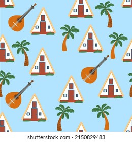 Palheiro seamless pattern. Portuguese traditional house. Triangular white house in Santana village in the east of Madeira island