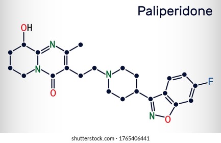 Paliperidone, 9-Hydroxyrisperidone molecule. It is atypical antipsychotic agent that is used in the treatment of schizophrenia. Skeletal chemical formula. Vector illustration