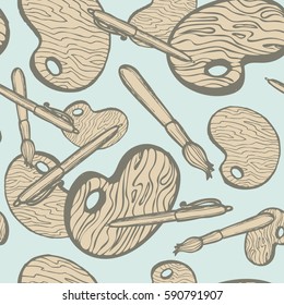 Palitra cartoon hands vector seamless background with palettes, brushes and pens. Eps-8