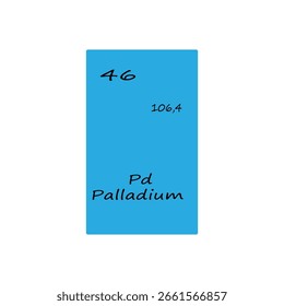 Bloque de elementos de paladio. Número atómico cuarenta y seis. Símbolo químico Vector. Fondo azul vibrante.