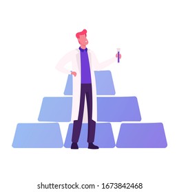 Palladium Mendeleev Table Chemical Element Concept. Tiny Male Scientist Character with Test Tube Stand at Huge Bars Pile, Working in Lab. People Using Pd Metal in Life. Cartoon Vector Illustration