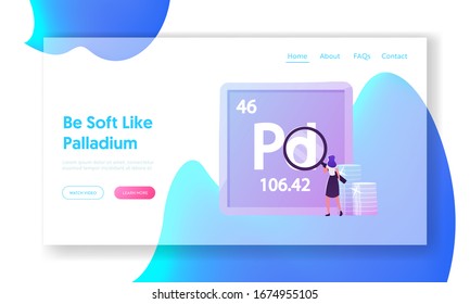 Palladium Mendeleev Table Chemical Element Landing Page Template. Tiny Female Character Looking through Huge Magnifying Glass at Pd Metal in Laboratory. Chemistry Research. Cartoon Vector Illustration