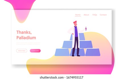 Palladium Mendeleev Table Chemical Element Landing Page Template. Tiny Male Scientist Character with Test Tube Stand at Huge Bars Pile, Working in Lab. People Use Pd Metal. Cartoon Vector Illustration