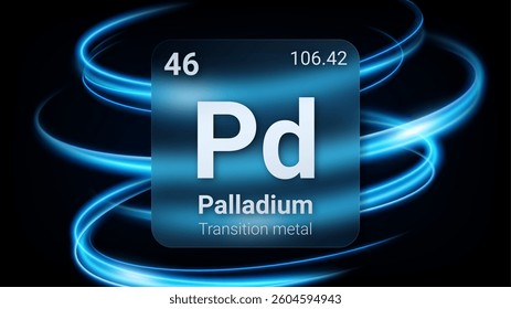 Palladium (Pd) (046) Transition Metal, Glass Morphism Element Futuristic Neon Light Glow Background Periodic Table, Chemical Symbol, Name, Atomic Mass, Atomic Number, Vector Illustration