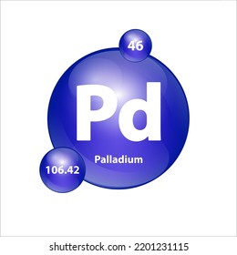 Palladium (Pd) estructura de iconos elemento químico forma redonda círculo azul oscuro. Vector de ilustración 3D. Elemento químico de la tabla periódica Signo con número atómico. Estudio en ciencia para la educación. 