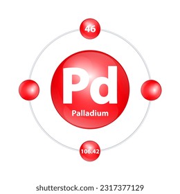Palladium (Pd) Icon structure chemical element round shape circle light red with surround ring. 3D Illustration vector. Period number shows of energy levels of electron. Study science for education