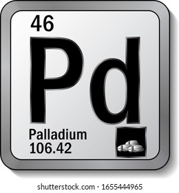 Palladium oder Pd periodisches Tischelement Symbol auf silbernem Metalltasten Vektorillustration Illustration. 3D-Aufkleber mit weichem Schatten für chemische Produktetiketten oder digitale Web-Seite-Grafikdesign-Elemente.