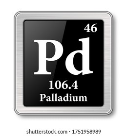 Palladium symbol.Chemical element of the periodic table on a glossy black background in a silver frame.Vector illustration.