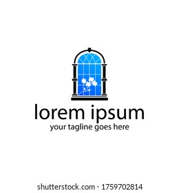 Palladium window logo in a shaped arch decorative classic style, for business and real estate company and business card with flower silhouette