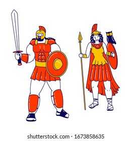 Pallas Athene and Ares Mars Olympian God and Goddess of War in Greek and Roman Religion and Mythology. Deities Characters Wearing Armor, Helmets, Sword and Spear. Linear People Vector Illustration