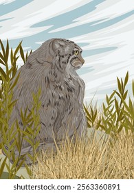 Pallas's cat sits on a stone in tall dry grass. Wildlife of Asia. Realistic vector vertical landscape