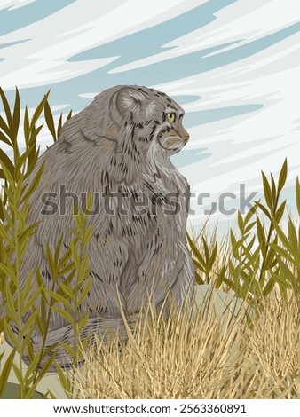 Pallas's cat sits on a stone in tall dry grass. Wildlife of Asia. Realistic vector vertical landscape