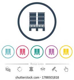 Pallet with barrels flat color icons in round outlines. 6 bonus icons included.