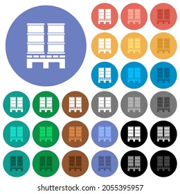 Pallet with barrels multi colored flat icons on round backgrounds. Included white, light and dark icon variations for hover and active status effects, and bonus shades.