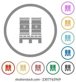 Pallet with biohazard waste flat color icons in round outlines on white background