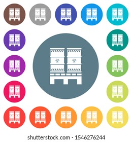 Pallet with biohazard waste flat white icons on round color backgrounds. 17 background color variations are included.