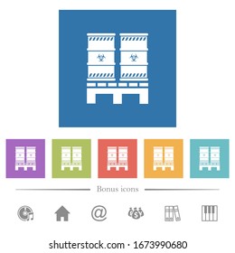 Pallet with biohazard waste flat white icons in square backgrounds. 6 bonus icons included.