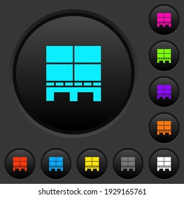 Pallet with boxes dark push buttons with vivid color icons on dark grey background