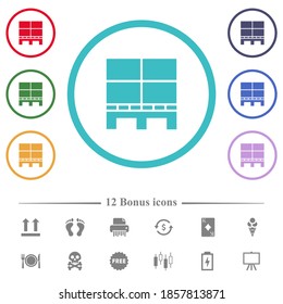 Pallet with boxes flat color icons in circle shape outlines. 12 bonus icons included.