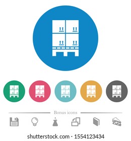 Pallet with boxes flat white icons on round color backgrounds. 6 bonus icons included.