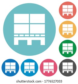 Pallet with boxes flat white icons on round color backgrounds
