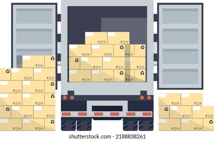 Pallet with boxes stacked in a refrigerator truck for delivery in warehouse. Industrial storage and distribution of products
