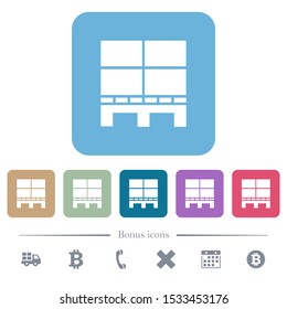 Pallet with boxes white flat icons on color rounded square backgrounds. 6 bonus icons included