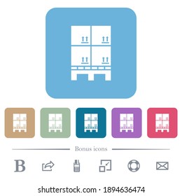 Pallet con cajas de iconos planos blancos sobre fondo cuadrado redondeado de color. 6 iconos de bonificación incluidos