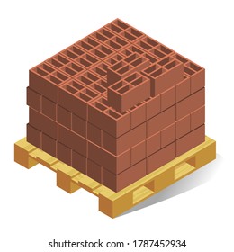 Pallet with building bricks realistic isometric illustration. Construction material built in form of cube on wooden boards. Pile of blocks. Vector bricks on white background.