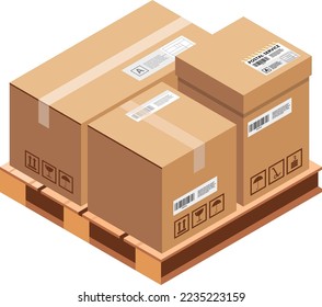 Pallet con paquetes de entrega. Cajas de almacén de carga isométricas