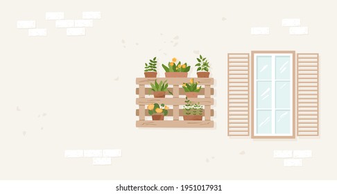 Pallet flowers on the old brick wall. Window with open wooden blinds. Summer exterior illustration. Vector textured elements. Potted houseplants. Horizontal banner with copy space