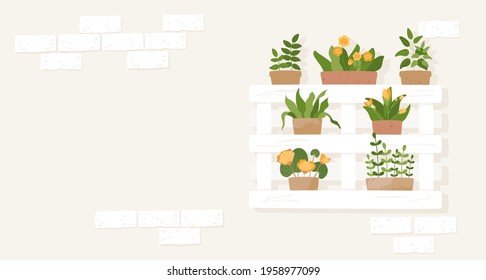 Pallet flowers on the old brick wall. Potted houseplants. Horizontal banner with copy space. White wooden pallets decoration. Summer exterior illustration. Vector textured elements in shabby style.