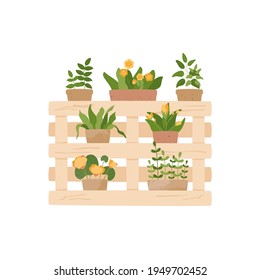 Pallet flowers outside. Potted houseplants on DIY shelf. Gardening recycled decor. Isolated summer exterior illustration. Vector textured elements in shabby style.  