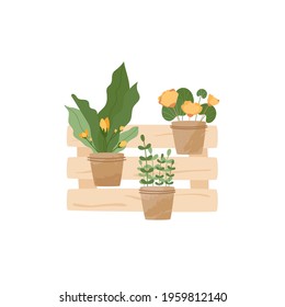 Pallet flowers outside. Potted houseplants on self-made wooden shelf. Gardening recycled decor. Isolated summer exterior illustration. Vector textured elements in shabby style. Lush foliage.