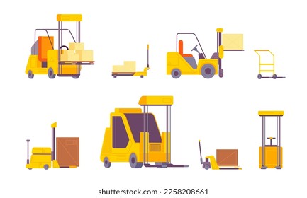 Elevador de horquilla de pallet. Cojín de pallet y camión de horquilla con ascensor para el transporte de carga almacén equipo cargador de carga paquete de envío de crate ilustración vectorial de la horquilla de camión y el gato de elevación