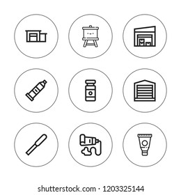 pallet icon set. collection of 9 outline  pallet icons with easel, pallete knife, paint tube, warehouse icons. editable icons.