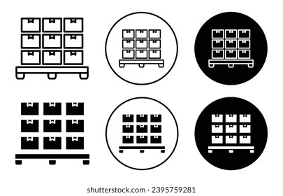 Pallet icon. shipping freight cardboard delivery box or packaging on wooden rack symbol set. storage container pallet in warehouse for cargo wholesale vector line logo. forklift package box pallet sig