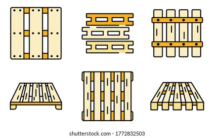 Iconos de pallet establecidos. Conjunto de esquemas de iconos de los vectores de pallet color de línea delgada plano sobre blanco