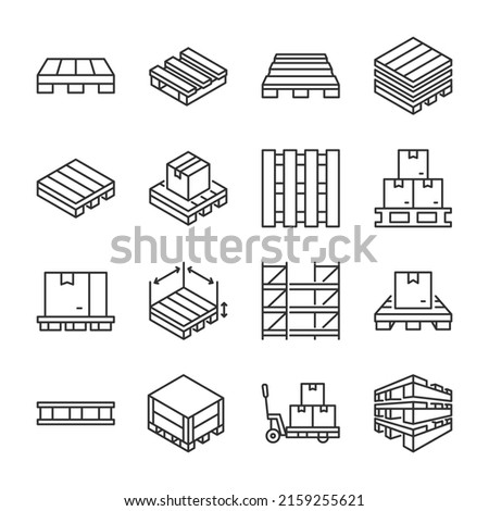 Pallet icons set. Storage pallets for companies and industrial production, storage systems. Line with editable stroke Сток-фото © 