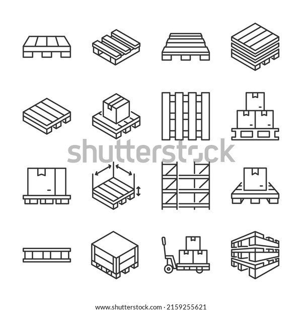 Pallet icons\
set. Storage pallets for companies and industrial production,\
storage systems. Line with editable\
stroke